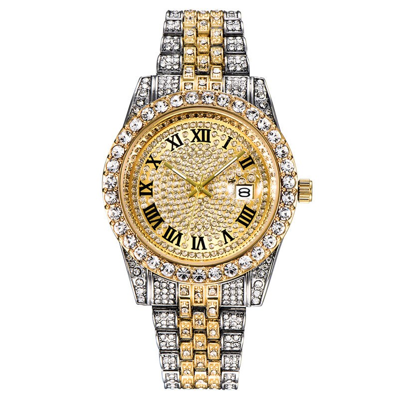 Singulier watches - Baller - Iced out classic timepiece available in several loud variants. Stainless steel case and bracelet, decorated with sparkling loop diamonds. Water- and champagne resistant, calendar with auto date.  - A fun watch!  ALLICEONYOU New Gold Silver Color Cubic Zirconia Watches Hip Hop Fashion High Quality Diamond Bracelet Stainless Steel For Gift